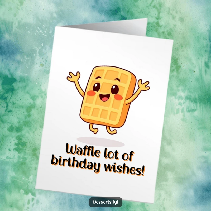 Funny Free Printable Birthday Card showing a smiling waffle character energetically doing silly jumping jacks.