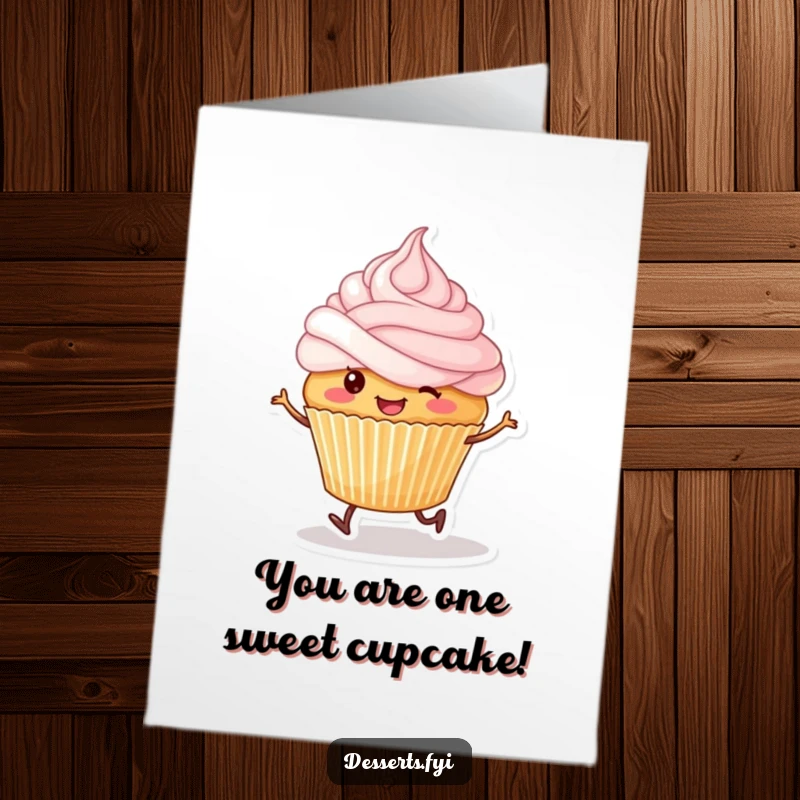 Free Printable Birthday Card: Smiling cupcake with tiny legs happily skips with frosting on its head.