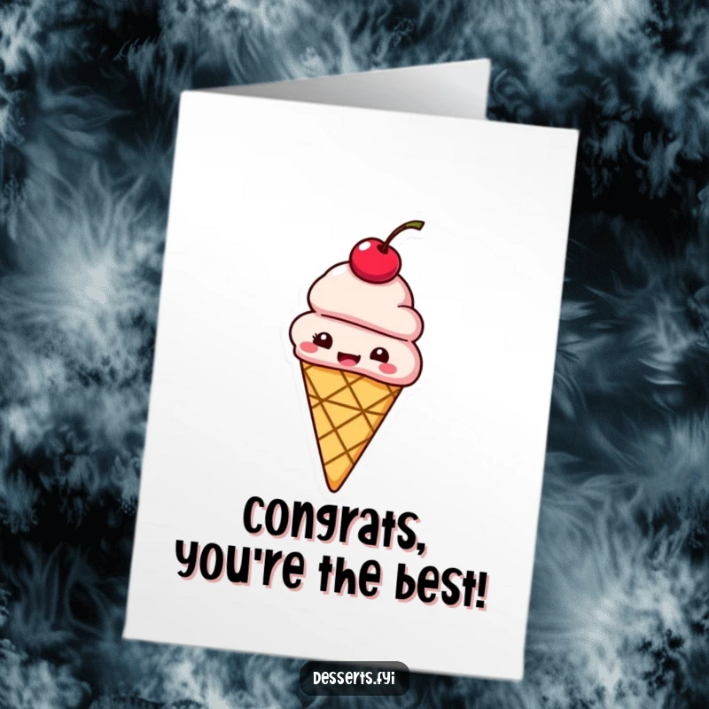 Free Printable Congratulations Card: Giggling ice cream cone with cherry on top bounces with delight.