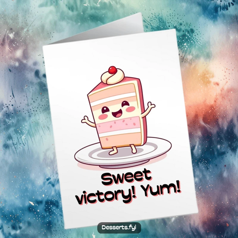Funny Free Printable Congratulations Card: Smiling slice of cake character dances energetically on a plate.