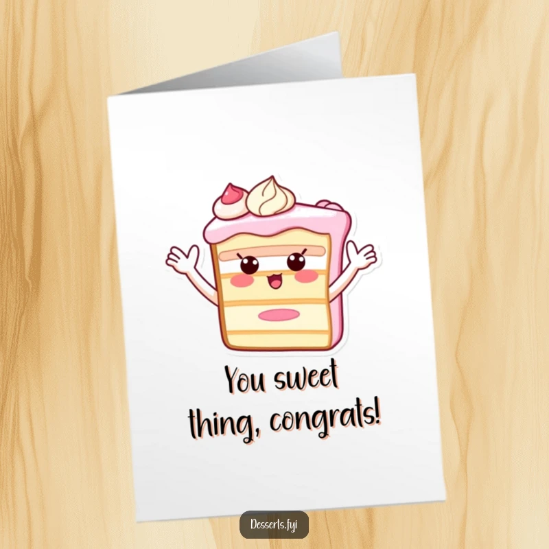 Funny Free Printable Congratulations Card: A cheerful cake slice with frosting arms enthusiastically waves, a perfect downloadable greeting for any success.