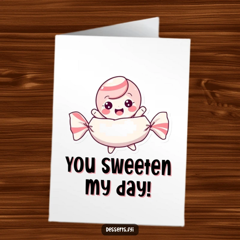 Funny Free Printable Congratulations Card: Playful candy character bounces energetically in its wrapper, celebrating achievements.