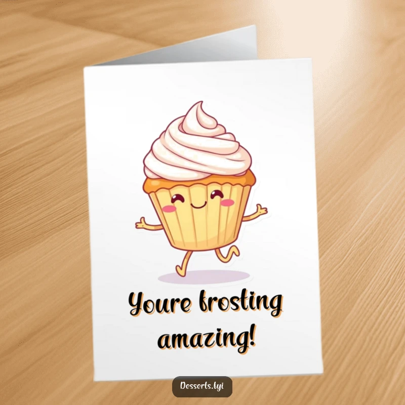 Funny Free Printable Congratulations Card: Smiling cupcake with tiny legs happily skipping with frosting, celebrating achievements merrily.