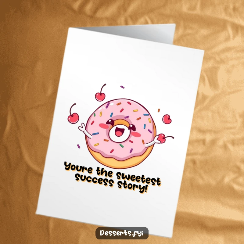 Funny Free Printable Congratulations Card: Happy donut juggles sprinkles and cherries with a grin, cheering success, downloadable art.