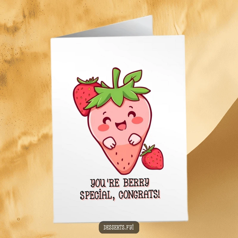 Funny Free Printable Congratulations Card with a happy strawberry character peeking out to offer congratulations.
