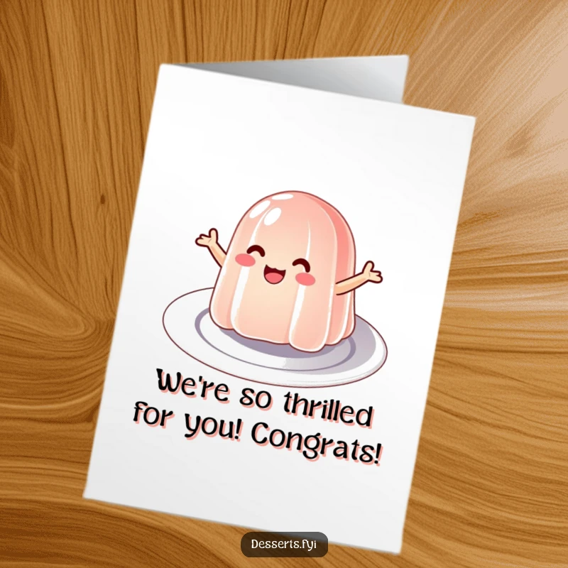 Funny Free Printable congratulations card with a wobbly jelly character bouncing joyfully on a plate, ideal for a print at home message.