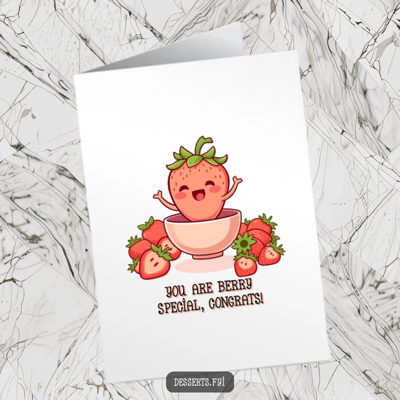 Funny Free Printable Congratulations Card: A happy strawberry crowned with leaves jumps into a bowl, celebrating success.