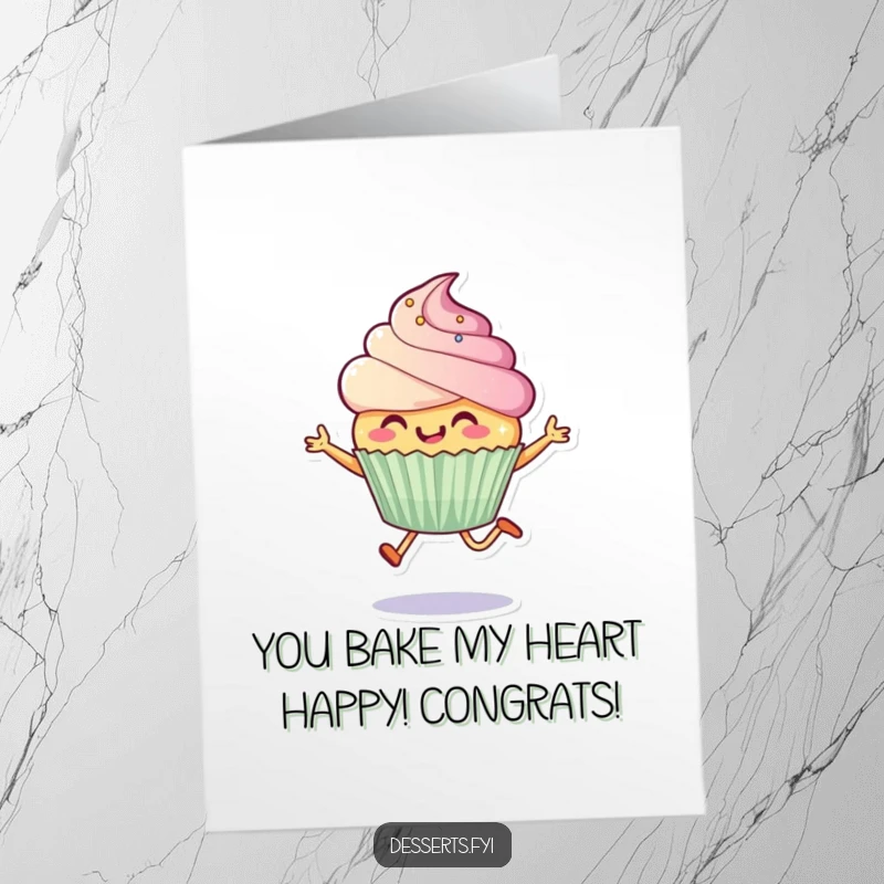 Funny Free Printable congratulations card featuring a happy cupcake character leaping with joy and sparkly frosting, ideal for a print at home message.