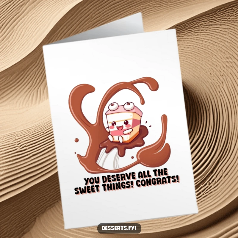 Funny Free Printable congratulations card with a joyful cake slice character happily sliding down a chocolate syrup river, great for print at home.