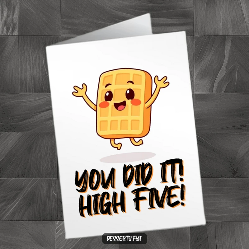 Funny Free Printable Congratulations Card featuring a smiling waffle character doing lively jumping jacks to celebrate.