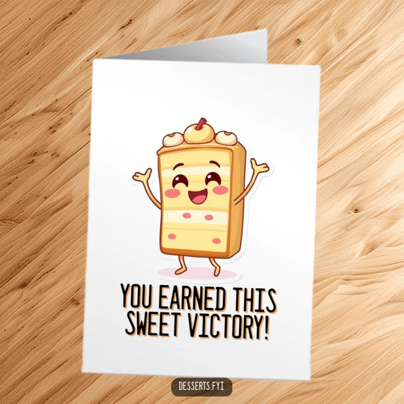 Funny Free Printable Congratulations Card with a cheerful cake slice character doing a silly, celebratory dance.