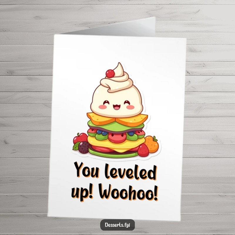 Funny Free Printable Congratulations Card showing a joyful parfait character building sweet, colorful dessert layers.