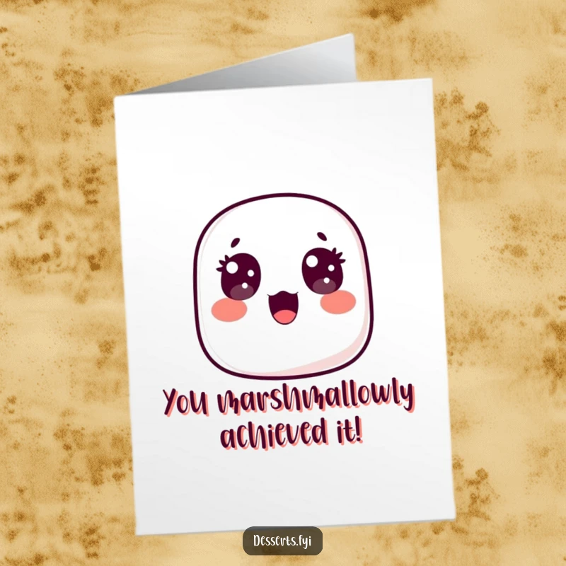 Funny Free Printable Congratulations Card: A startled marshmallow floats upwards, eyes wide, celebrating an unexpected achievement with pure delight.