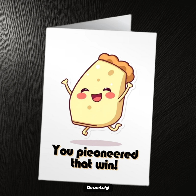 Funny Free Printable Congratulations Card showing a cheerful slice of pie character mid-leap with excitement.