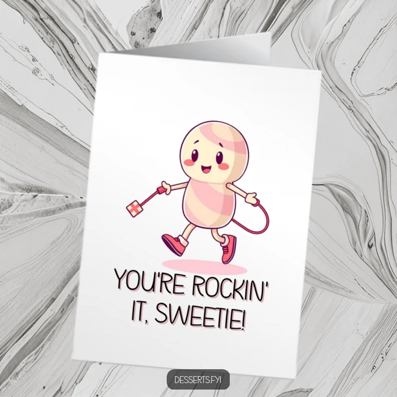 Funny Free Printable Congratulations Card: Energetic candy character skipping rope with licorice, celebrating your sweet victory with enthusiasm.
