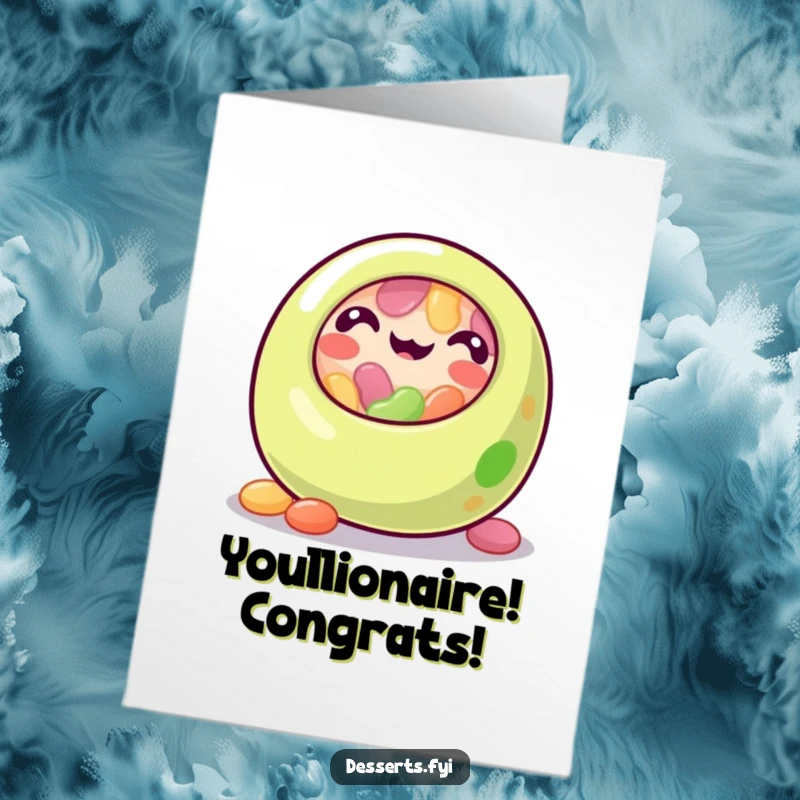 Funny Free Printable Congratulations Card featuring a happy jelly bean rolling with delight, celebrating joyous accomplishments.