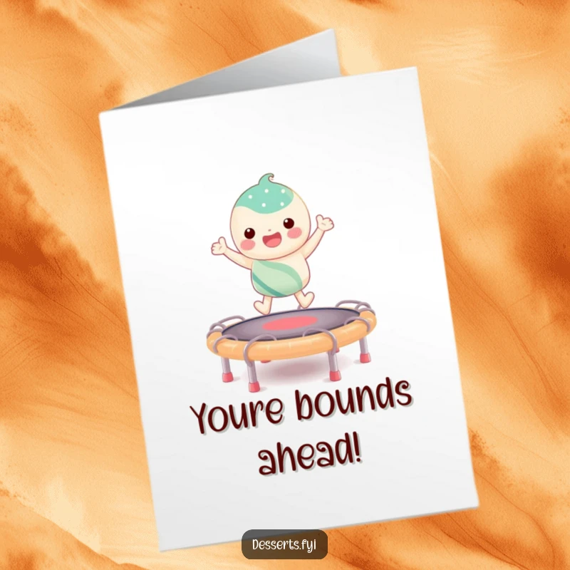 Free Printable Congratulations Card showing a happy candy character energetically bouncing on a bouncy taffy trampoline, celebrating success.
