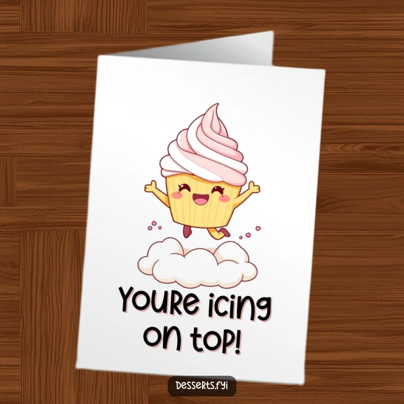 Funny Free Printable Congrats Card: Cheerful cupcake character leaping into whipped cream, symbolizing a joyous and successful moment.