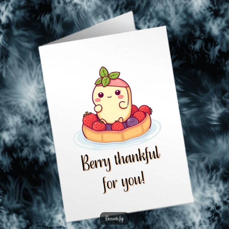 Funny Free Printable Thank You Card: A buoyant tart character drifts peacefully on a raft made of juicy berries, showing thanks.