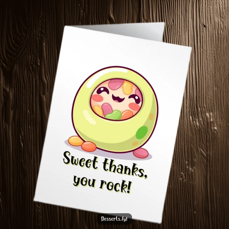 Funny Free Printable Thank You Card with a happy jelly bean rolling with delight, a joyous way to express thanks.
