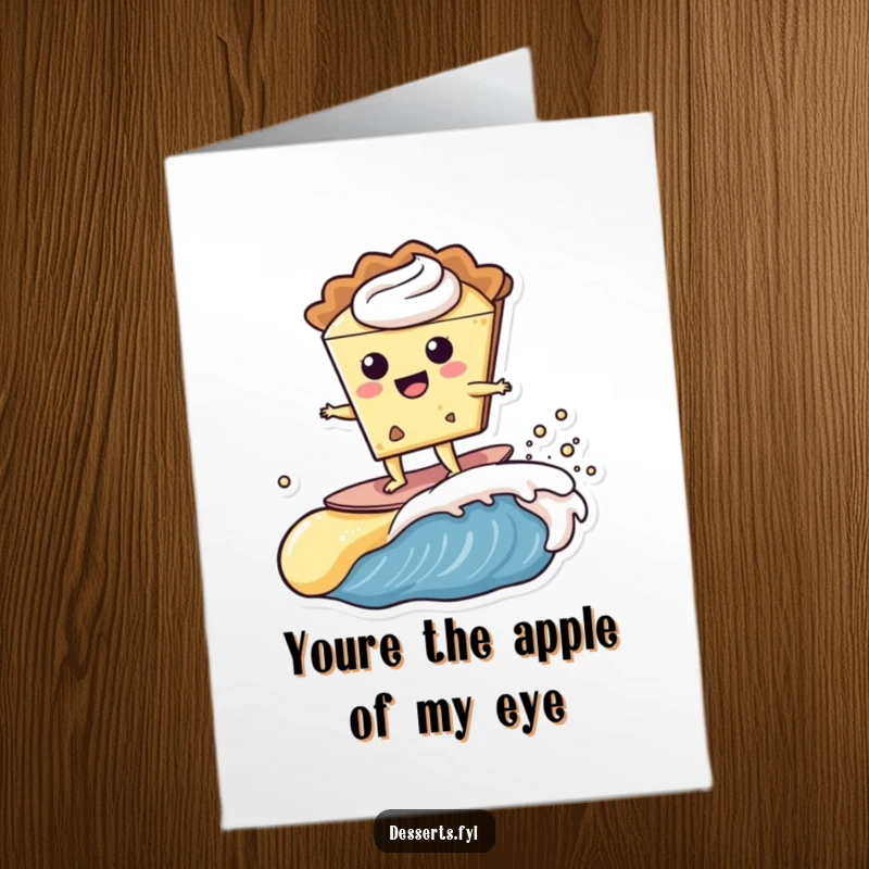 Funny Free Printable Thank You Card: Pie character surfs on a custard wave, expressing thanks, downloadable art.