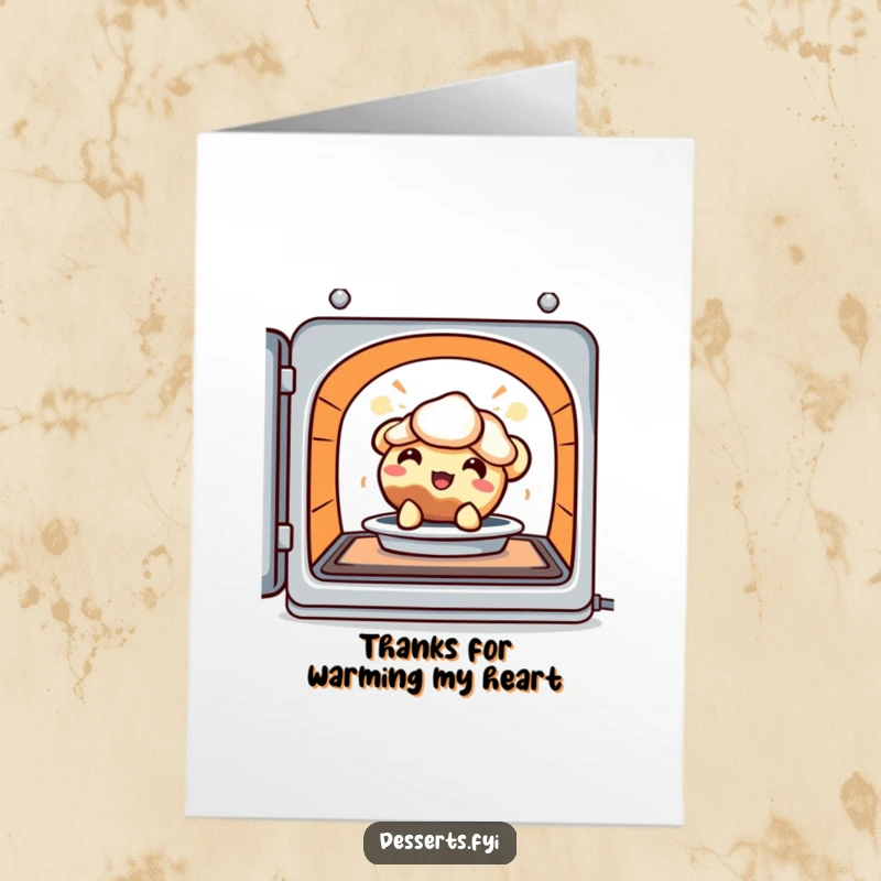 Funny Free Printable Thank You Card: Delighted pie character peeking from a warm oven, expressing sincere thanks with a cozy smile.