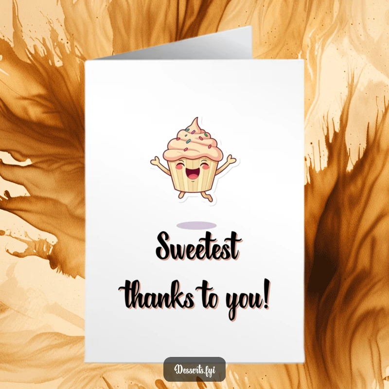 Funny Free Printable Thank You Card: A joyful cupcake character with sprinkles leaping energetically, conveying happy and enthusiastic thanks.