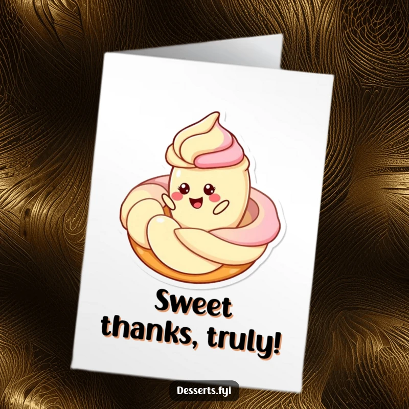 Funny Free Printable Thank You Card: A cheerful pastry character twirls animatedly around a swirl of frosting, conveying thanks.