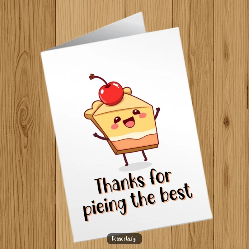 Funny Free Printable Thank You Card: Joyful slice of pie with cherry dancing, a fun thank you, print at home.