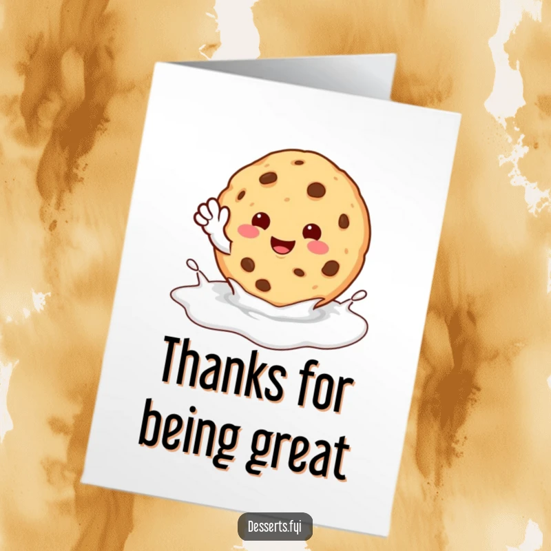 Funny Free Printable Thank You Card: A happy cookie character waves hello from a refreshing milk puddle.