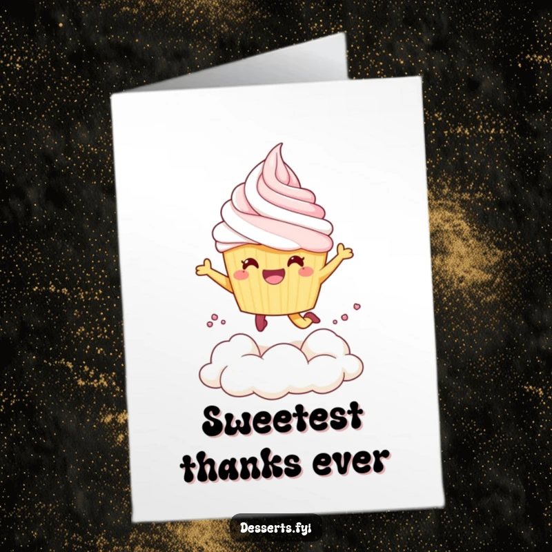 Funny Free Printable Thank You Card: Cheerful cupcake character leaping into whipped cream, a delightful and humorous way to show appreciation.