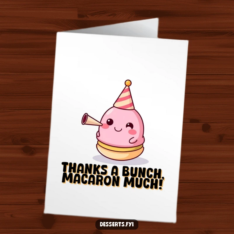 Funny Free Printable Thank You Card: Happy macaron with a party hat blows a horn, a delightful DIY gift.