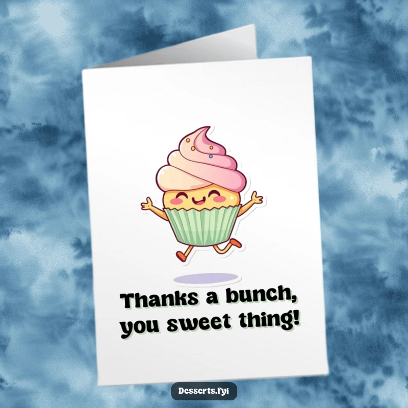 Funny Free Printable thank you card depicting a smiling cupcake character performing a jubilant leap with sparkling frosting, perfect for print at home.