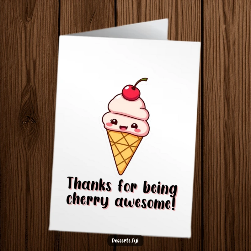 Funny Free Printable Thank You Card: Giggling ice cream cone with cherry on top bounces with delight.