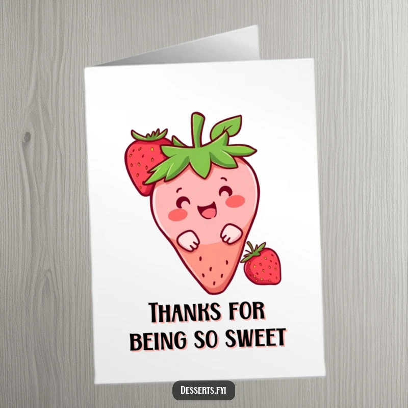 Funny Free Printable Thank You Card featuring a happy strawberry character peeking shyly from behind another berry.
