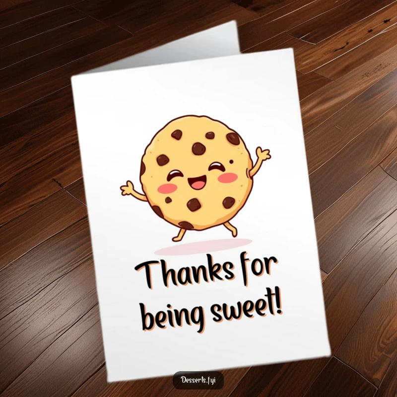 Funny Free Printable Thank You Card: A cheerful cookie with chocolate chips does a happy dance, a fun downloadable way to express thanks.