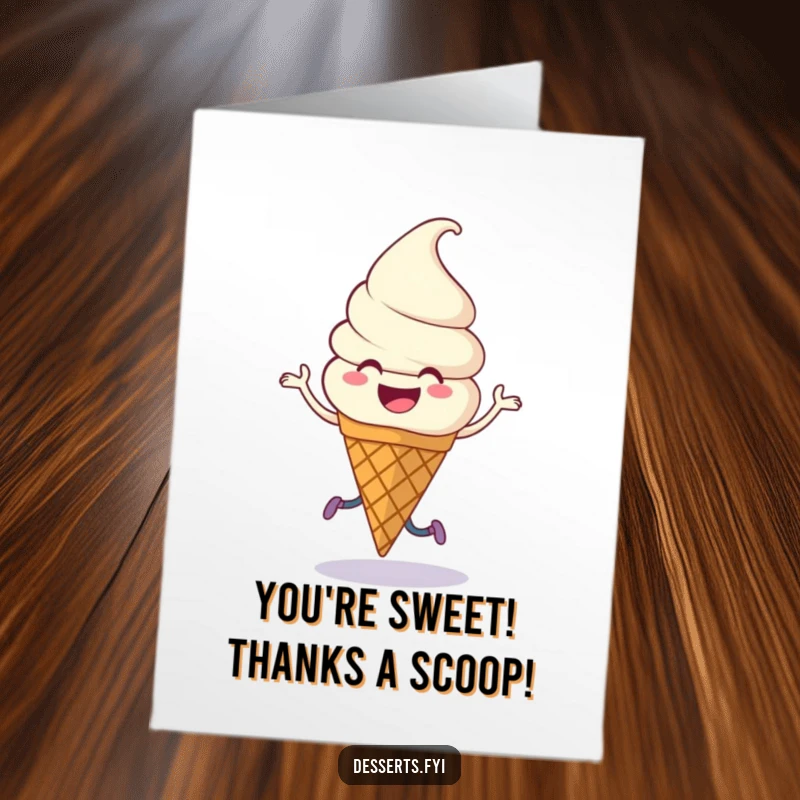Funny Free Printable Thank You Card: A smiling ice cream cone character with legs doing a cheerful jig, conveying happy thanks.