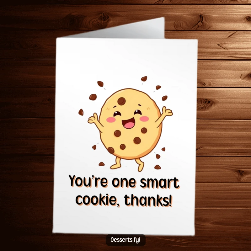 Funny Free Printable thank you card featuring a cheerful cookie character doing a happy dance with chocolate chips, perfect for print at home gratitude.