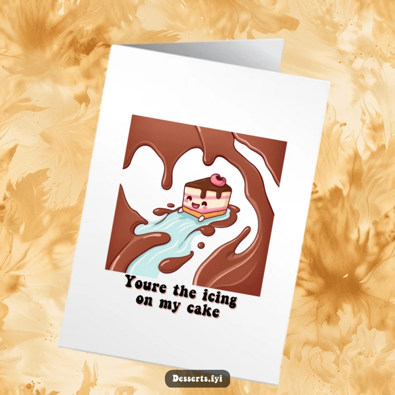 Funny Free Printable Thank You Card: Amused cake character slides down a chocolate syrup river, expressing thanks, downloadable art.