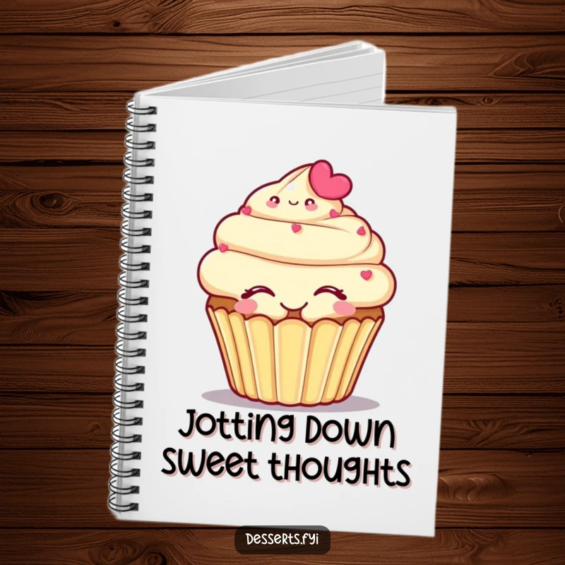 Funny notebook cover with a smiling cupcake character in a self-hug, ideal for capturing sweet thoughts.