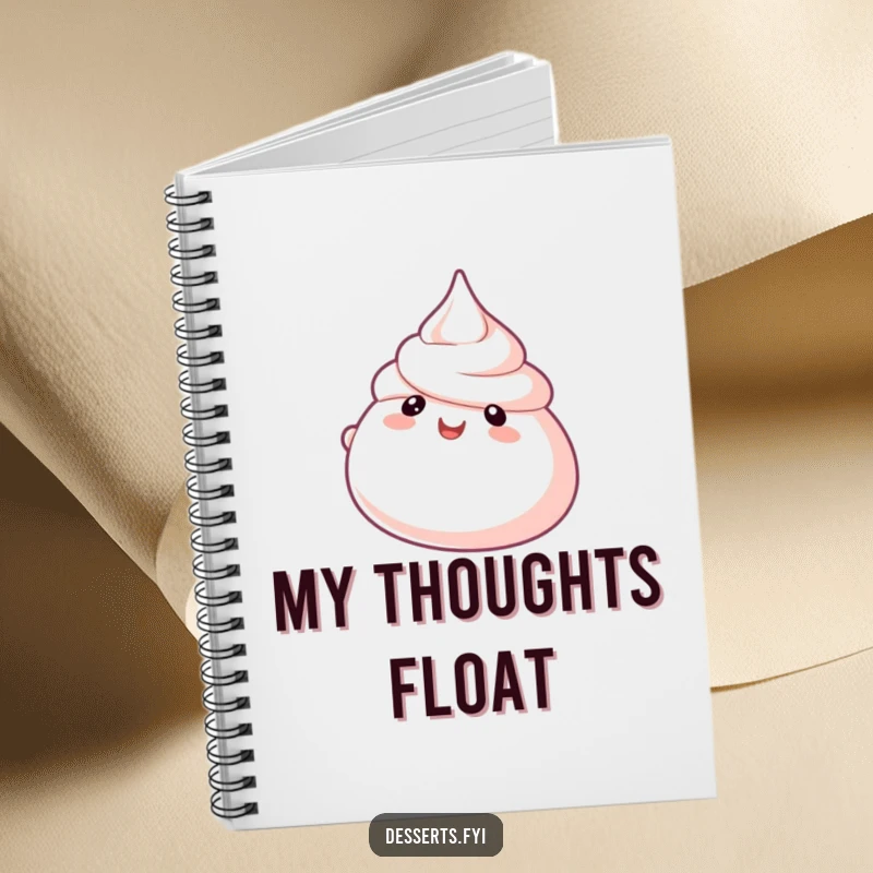 Funny Meringue Note Journal featuring a bubbly character floating, ideal for jotting notes with a side of sweet, airy humor.