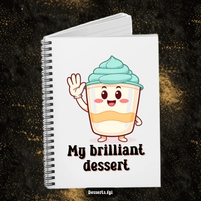 Funny notebook with a smiling pudding cup character giving a salute, perfect for jotting down ideas and plans.
