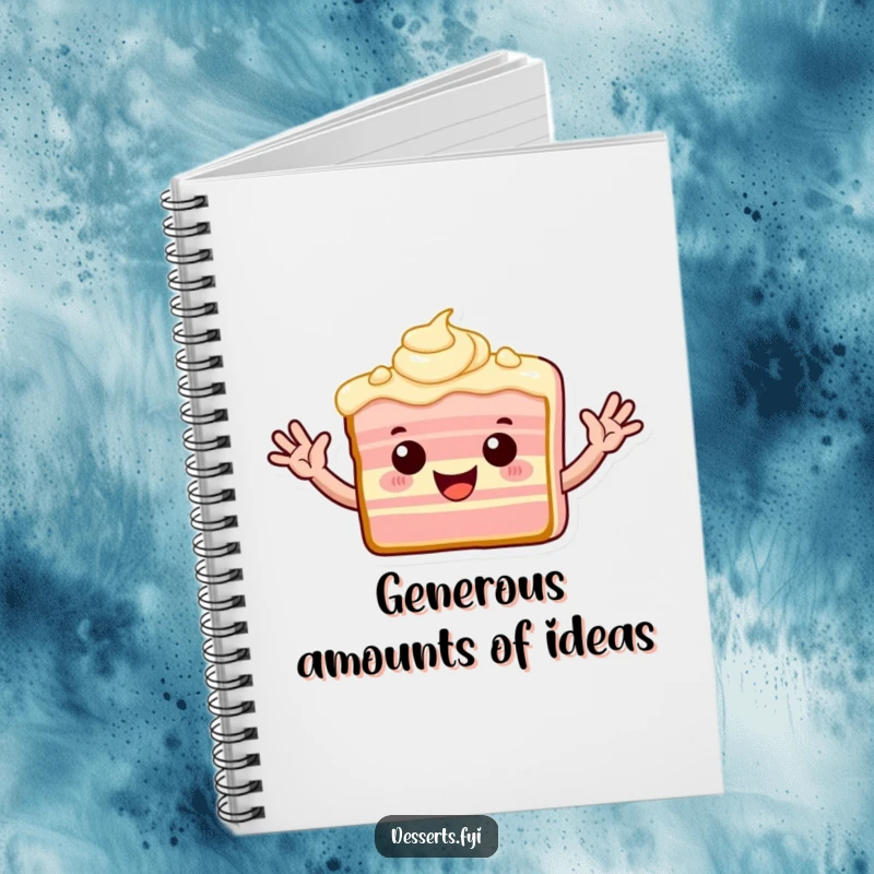 Funny notebook with a playful slice of cake character with frosting arms waving enthusiastically.