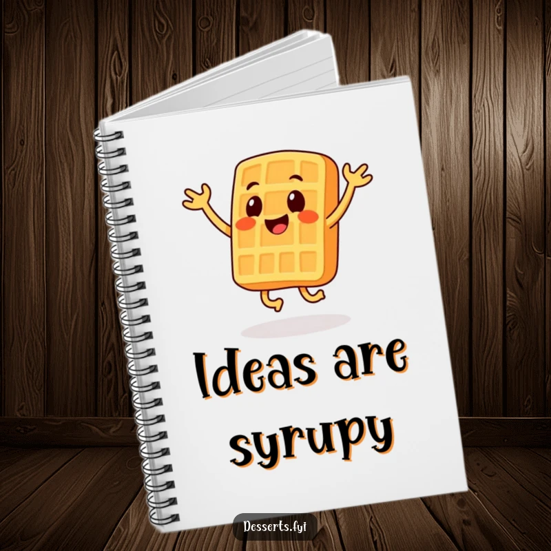 Funny notebook with a smiling waffle character performing jumping jacks, perfect for jotting down energetic ideas.