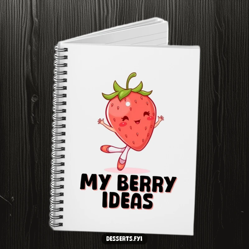 Funny notebook with a bouncing strawberry wearing tiny ballet slippers, mid-twirl. Perfect for journaling.