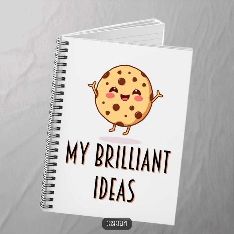 Funny cookie notebook featuring a joyful dancing chocolate chip cookie, inspiring sweet thoughts and creative ideas with its happy design.