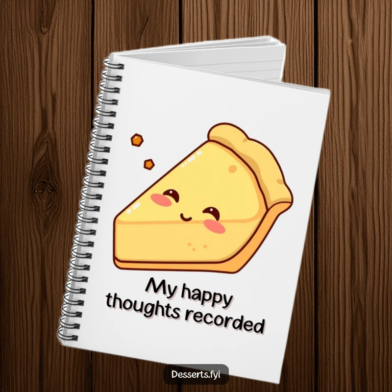 Funny pie notebook featuring a content slice of pie sighing happily, its crusty edge prominent, perfect for jotting down delicious ideas.