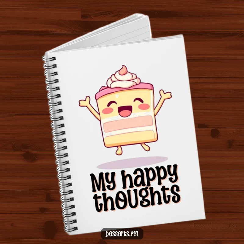Funny leaping cake with ecstatic frosting on a notebook cover, inspiring joyful notes and creativity, charming funny gift.