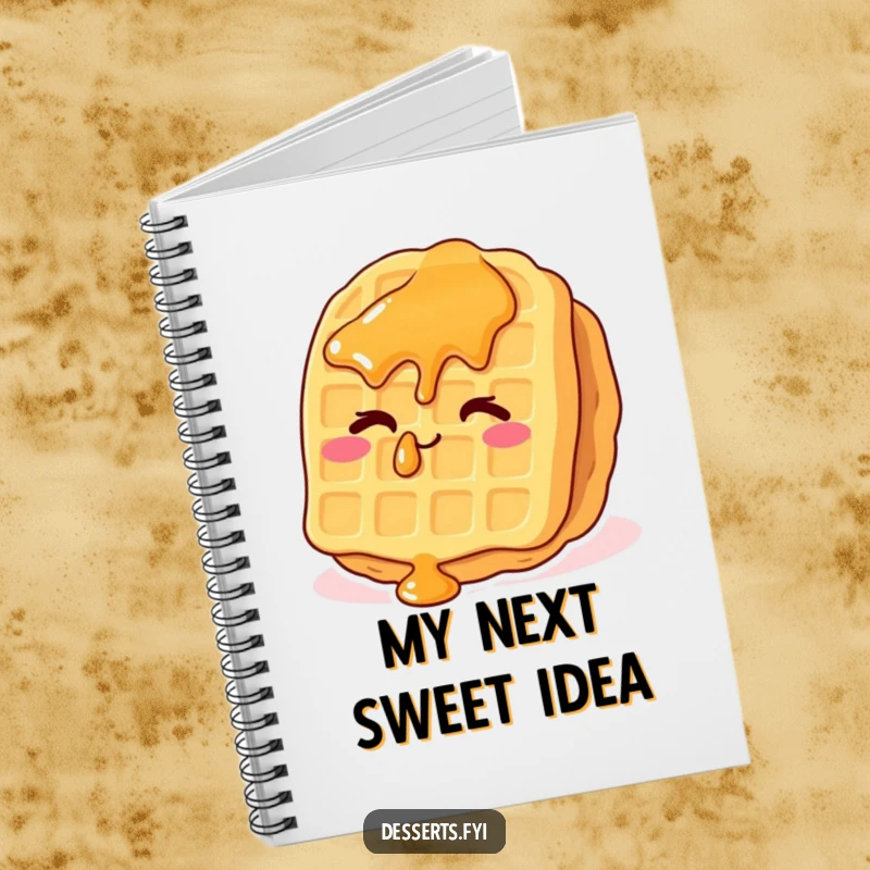 Funny waffle notebook with a whimsical waffle, syrup drops, and a cheeky wink, perfect for jotting down breakfast-related ideas or daily notes.