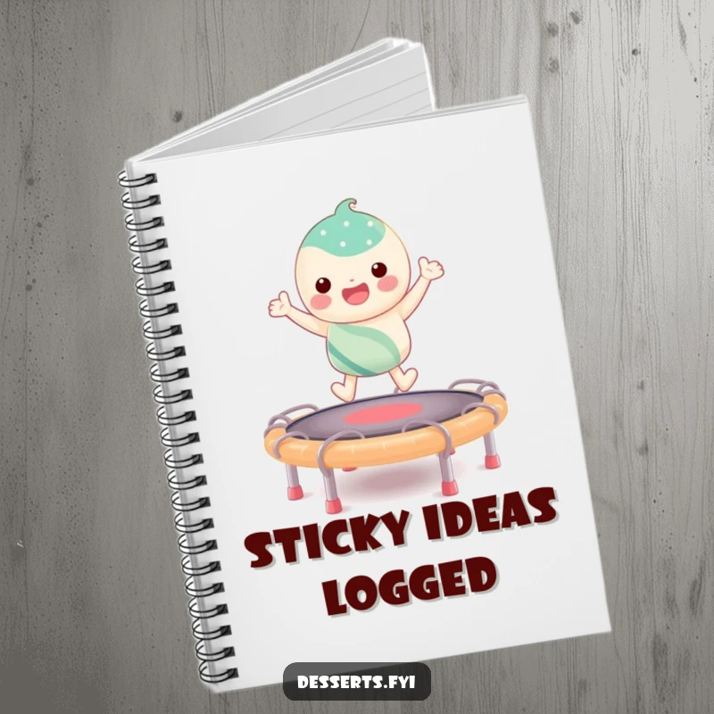 Funny notebook with a candy character bouncing on a taffy trampoline, designed for capturing sweet thoughts and creative ideas.